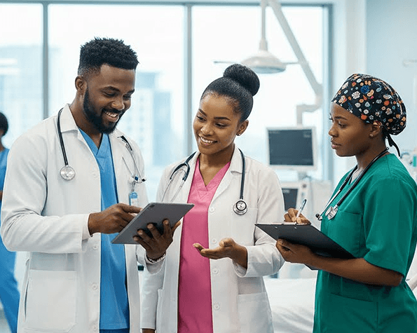 Clinicians reviewing patient records on a tablet and clipboard
